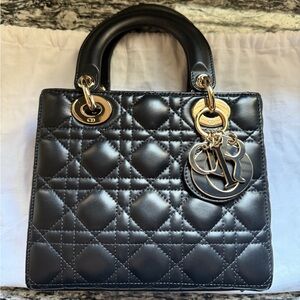 Dior Lady Dior Small Lambskin in Black with Champagne Gold Headwear